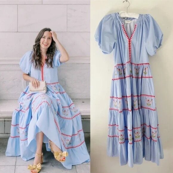 Tuckernuck HYACINTH HOUSE Blue Pinstripe Embroidered V-Neck Lillian Maxi Dress M - Picture 1 of 12